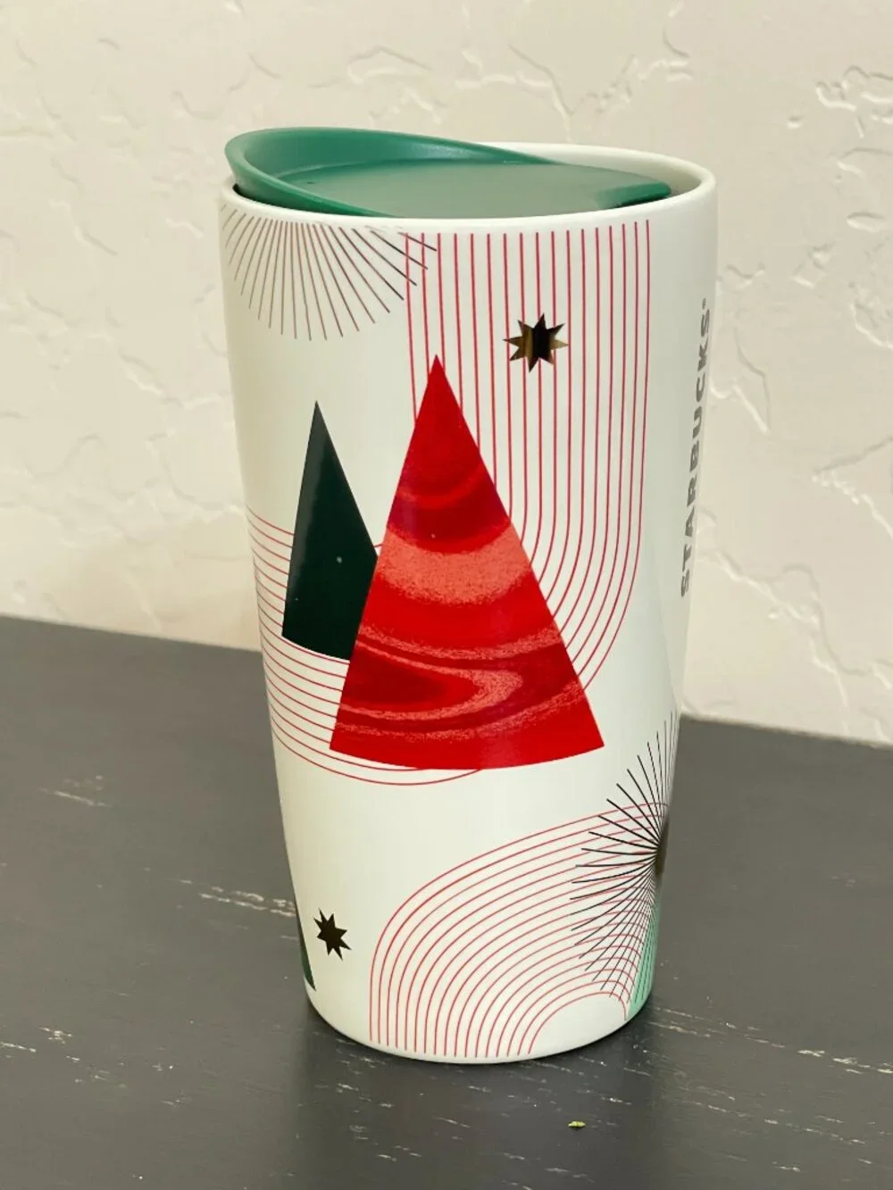 Starbucks Cup Mug with Lid Christmas Trees Stars Holiday Ceramic Tall 12 oz
